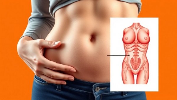 Fix diastasis recti after years: anatomical illustration with hands on abdomen.