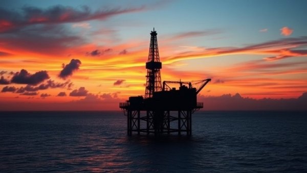 Offshore oil rig in Suriname project with Houston energy companies at sunset.