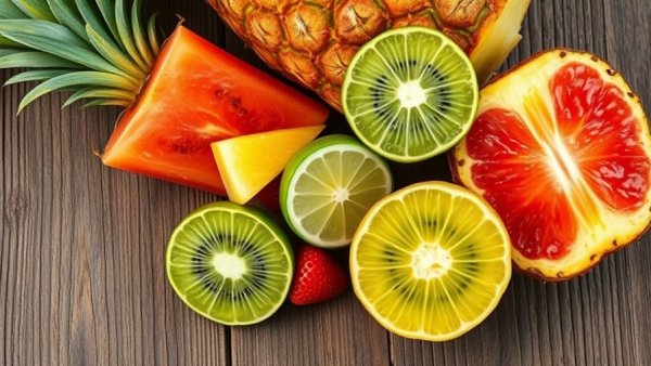Fresh fruits including pineapple slices, kiwi, and lime for muscle recovery.