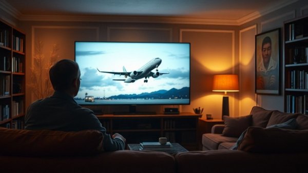 Person watching dramatic airplane landing on TV in cozy living room.