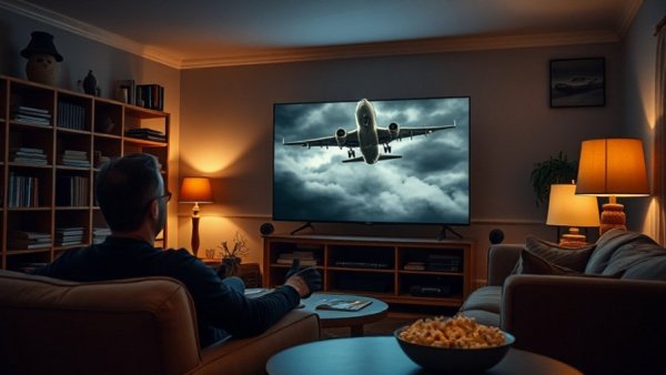 Person in living room watching a stormy airplane TV scene, cozy atmosphere.
