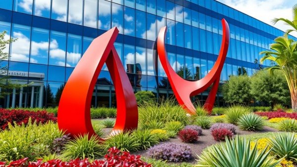 Transwestern named asset manager office building with red sculpture, lush landscape.