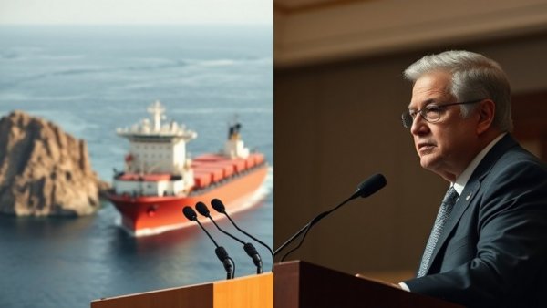 Iran Demanding Fees Strait of Hormuz: juxtaposed scenes of a politician and cargo ship.