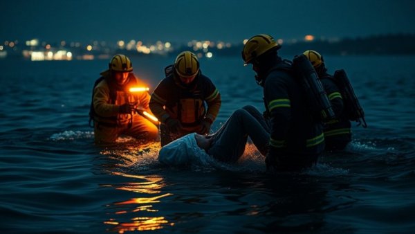 Daring rescue drivers from submerged car at night by first responders.