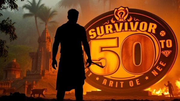 Mysterious silhouette with Survivor 50 logo in tribal setting.