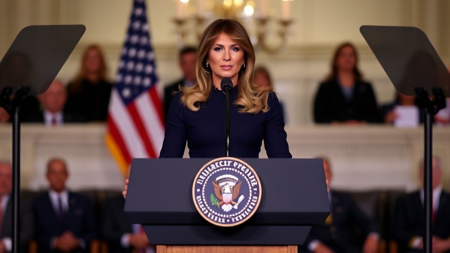 Woman speaking passionately in formal setting, blurred lights background.