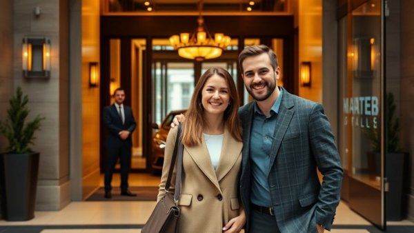 Hotel Emma entrance with couple and bellman, best for food and drink.
