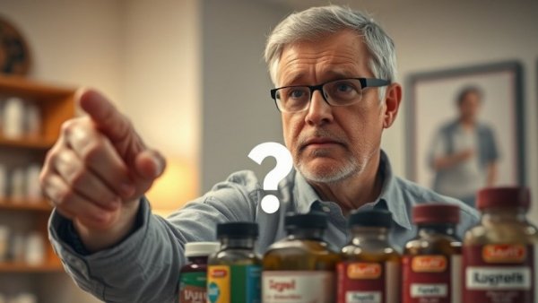 Man points at mystery supplement bottles for sleep.