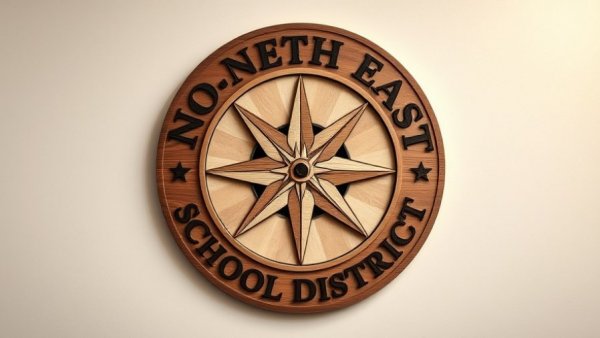 NEISD wooden logo carving featuring a compass design indoors.
