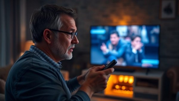 Frustrated man experiencing ISP throttling while streaming on TV.