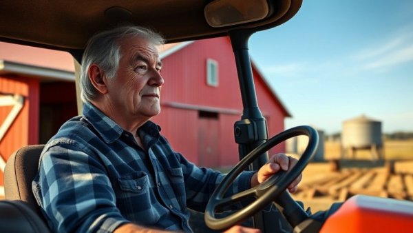 Elderly man on tractor during water crisis in rural setting.