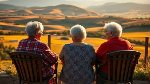 Three elderly women enjoying the countryside view, embracing nonnamaxxing.