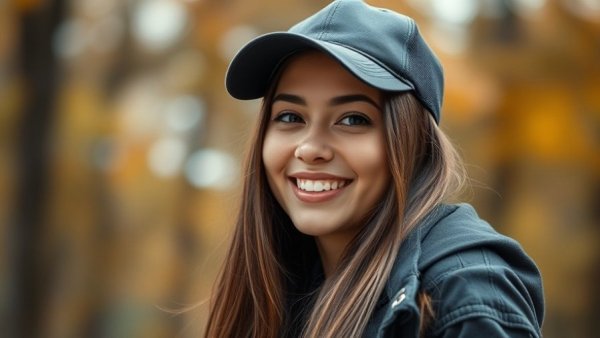 Young woman smiling outdoors, blurred background.