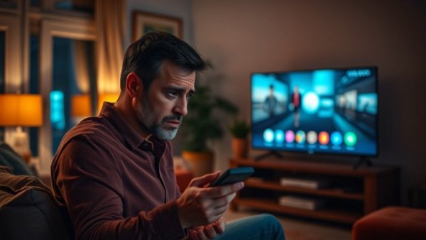 Frustrated man facing buffering screen in cozy living room.