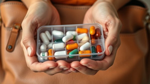 Close-up hands with pill organizer of nutritional supplements