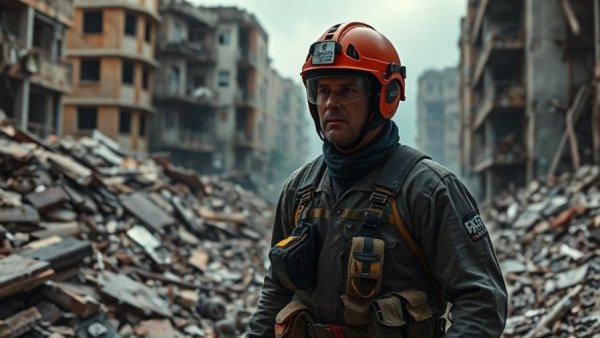 US News Today: Rescue worker in rubble-strewn ruins.