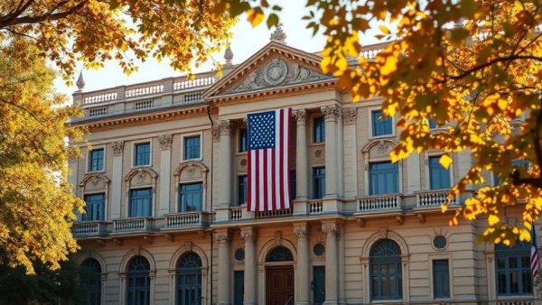 Historic office building with American flag and ornate architecture.