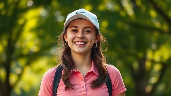 Smiling young woman in golf attire with sunny background, vibrant mood.