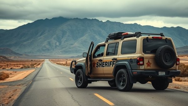 Sheriff's vehicle on rural road with mountain view for aviation safety.