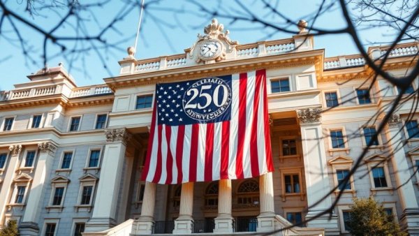 Historic Executive Office Building adorned with a 250th anniversary flag