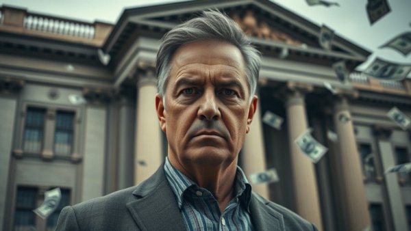 Man in front of government building with money, California hospice fraud scheme focus.