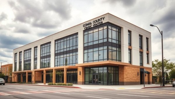 Comal County Crisis Center building nearly finished under cloudy skies.