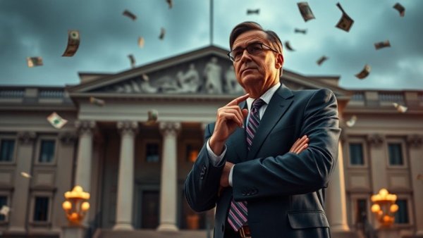 Politician in front of government building with floating money, linked to hospice fraud scheme