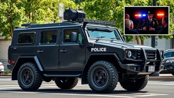 Black armored vehicle with police insets illustrating eviction violence.