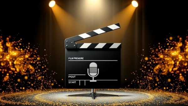 SXSW film premiere icon with a clapperboard and microphone, golden sparkles.