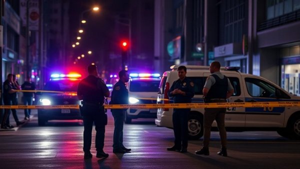 Houston news shooting scene with police tape and officers at night.