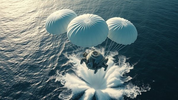 Spacecraft landing safety with parachutes over ocean, illustrating Artemis II astronauts safety.