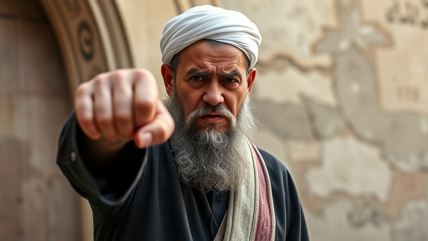 Muslim cleric shaking his fist, representing breaking national news in the US.