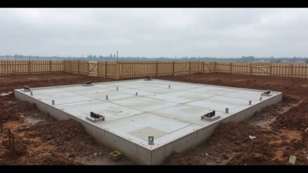Colony Ridge Settlement construction site with flat foundation under cloudy sky.