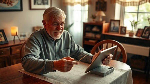 Elderly man engaging with tablet for AI in dementia caregiver support.