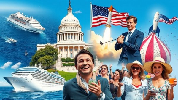 Colorful American culture quiz collage with various symbols.