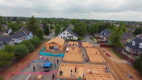 Aerial view of Habitat for Humanity San Antonio build site with volunteers.