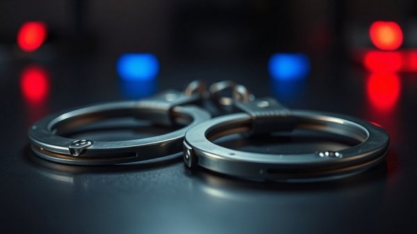 Close-up of handcuffs reflecting police lights.