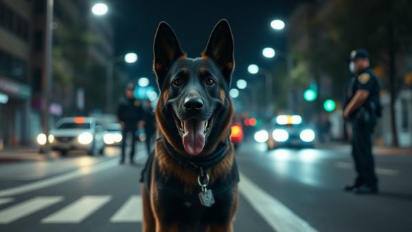 Sheriff's dog aids in finding missing child at night in a street setting.