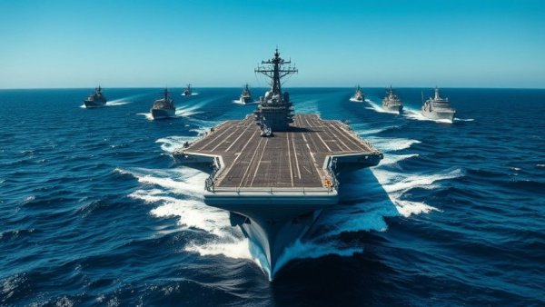 US military vessels conducting mine clearance in the Strait of Hormuz, aircraft carrier leading.