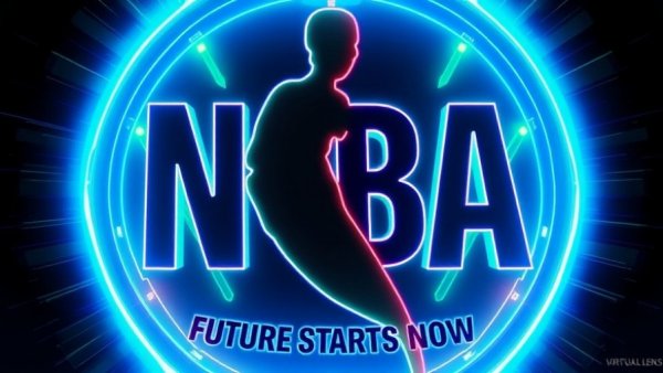 Futuristic NBA logo design with 'Future Starts Now' slogan in vivid colors.
