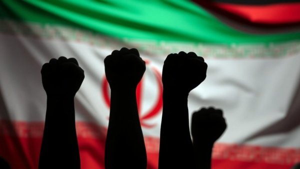 Protest symbolism against Iranian flag backdrop, bold and vibrant.