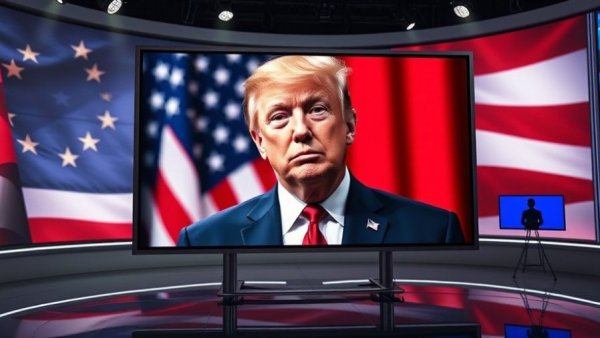 Political figure on screen in news studio with American flag backdrop.