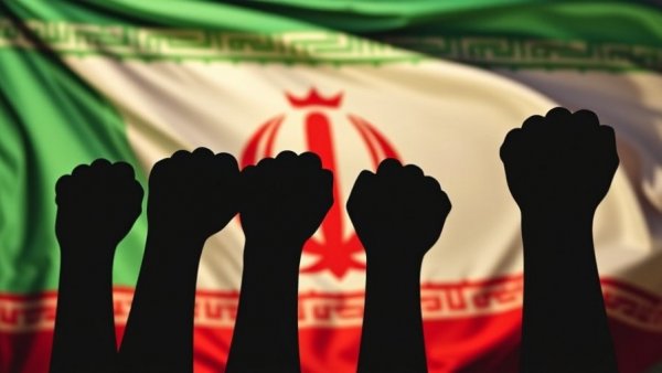 Raised fists against Iranian flag symbolize Iran's threat to Lebanon.