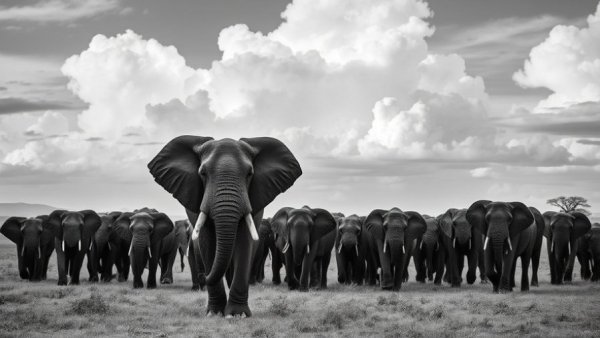 Impressive elephant herd in dramatic savannah, captured by wildlife photographer Chris Fallows.