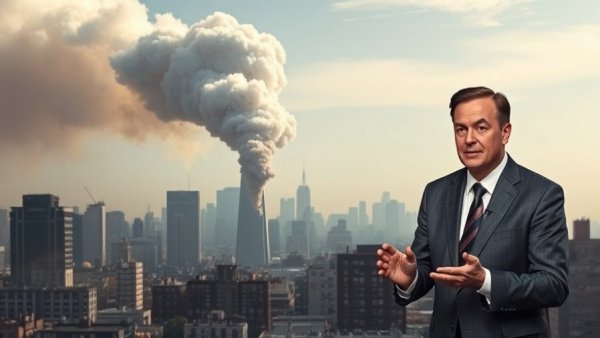 Iran U.S. energy security news image with city smoke and news anchor.