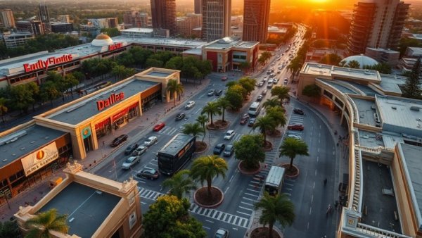 Dallas shopping complex bustling with activity at sunset.