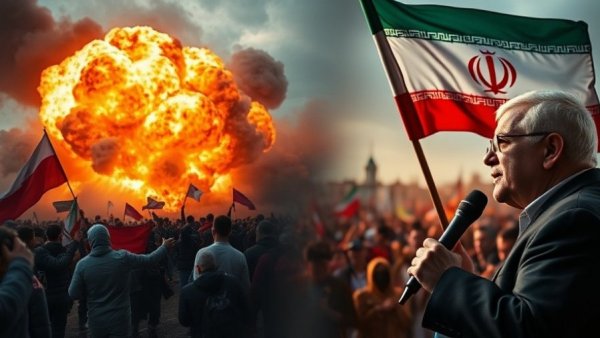 Montage of U.S. strategies against Iran's aggression featuring explosion, protest, political speech.