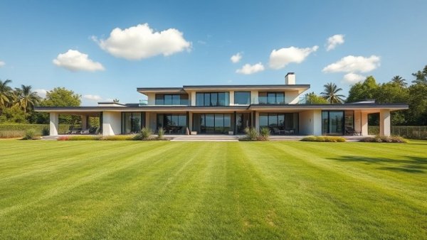 Houston luxury real estate market highlighting a modern home with manicured lawn.