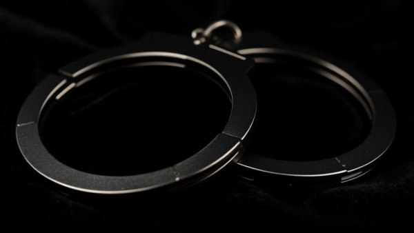 Metallic handcuffs on dark background related to dallas news shooting.