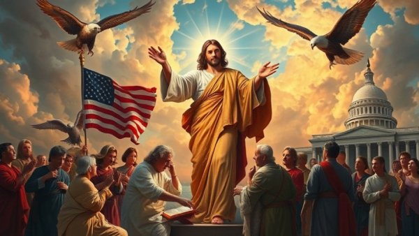 Allegorical scene with main figure healing under dramatic sky.